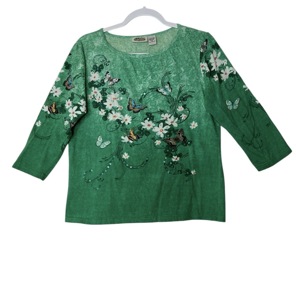 Collections Etc Top Women Medium Floral‎ Sequin Spring Blouse  Artsy Butterfly
